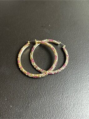bebe Gold Hoop Earrings with Pink and Clear Stones